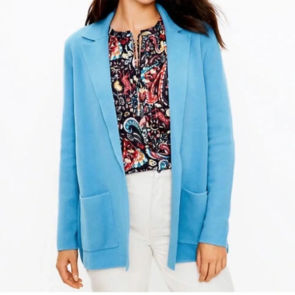 LOFT cotton Blue Open Knit Sweater Blazer cardigan size M - Picture 1 of 7